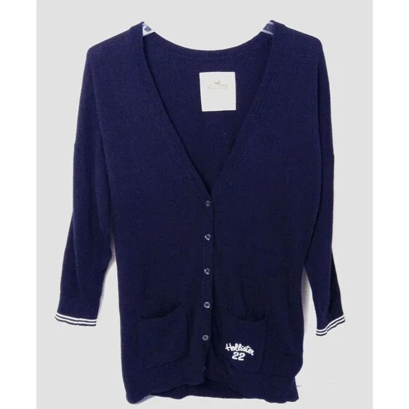 Vtg Hollister Cardigan Sweater Women L Black V-neck Y2K Preppy Elana Bella Logo - Picture 1 of 10
